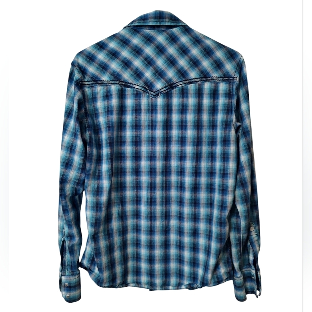 Wrangler Rock 47 Navy And Aqua Blue Plaid Pearl Snap Button Down Shirt - Picture 3 of 6